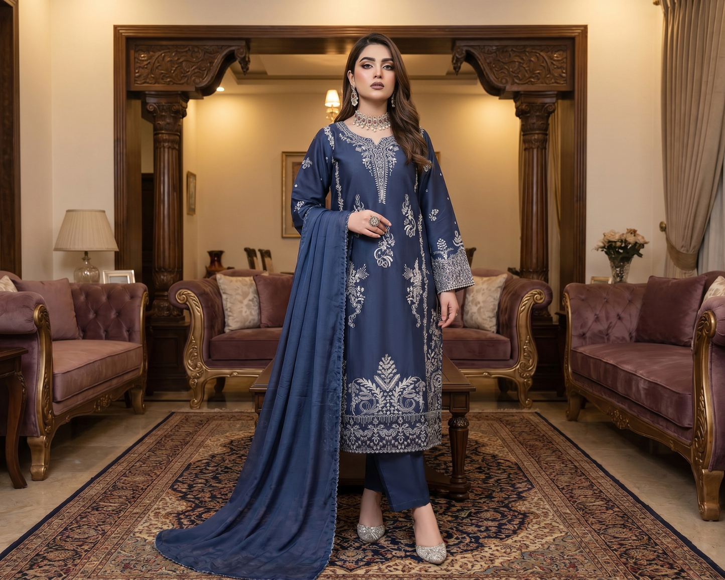 Luxury Slate Blue Embroidered Cotton 3-Piece Suit | Sizes S, M, L