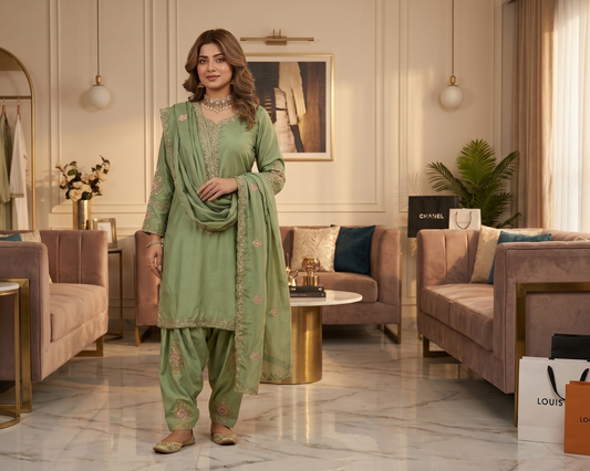 Luxury Raw Silk Center-Placket Embroidered 3-Piece Tulip Suit
