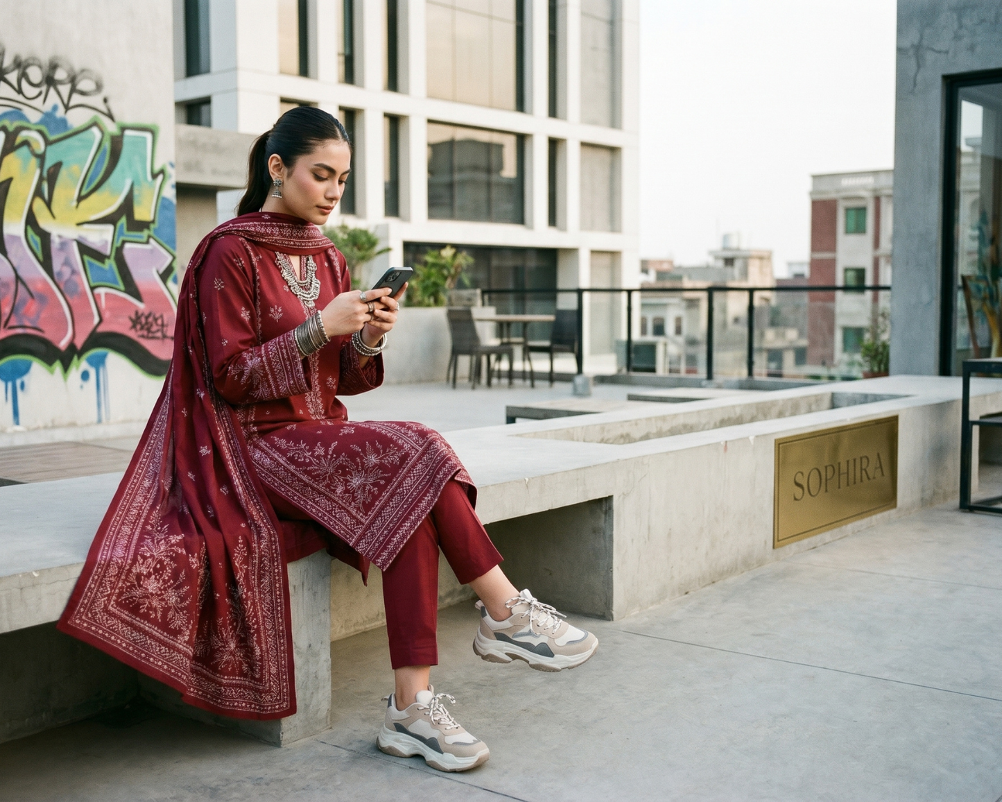 Elegant Center-Panel Embroidered Cotton 3-Piece Suit