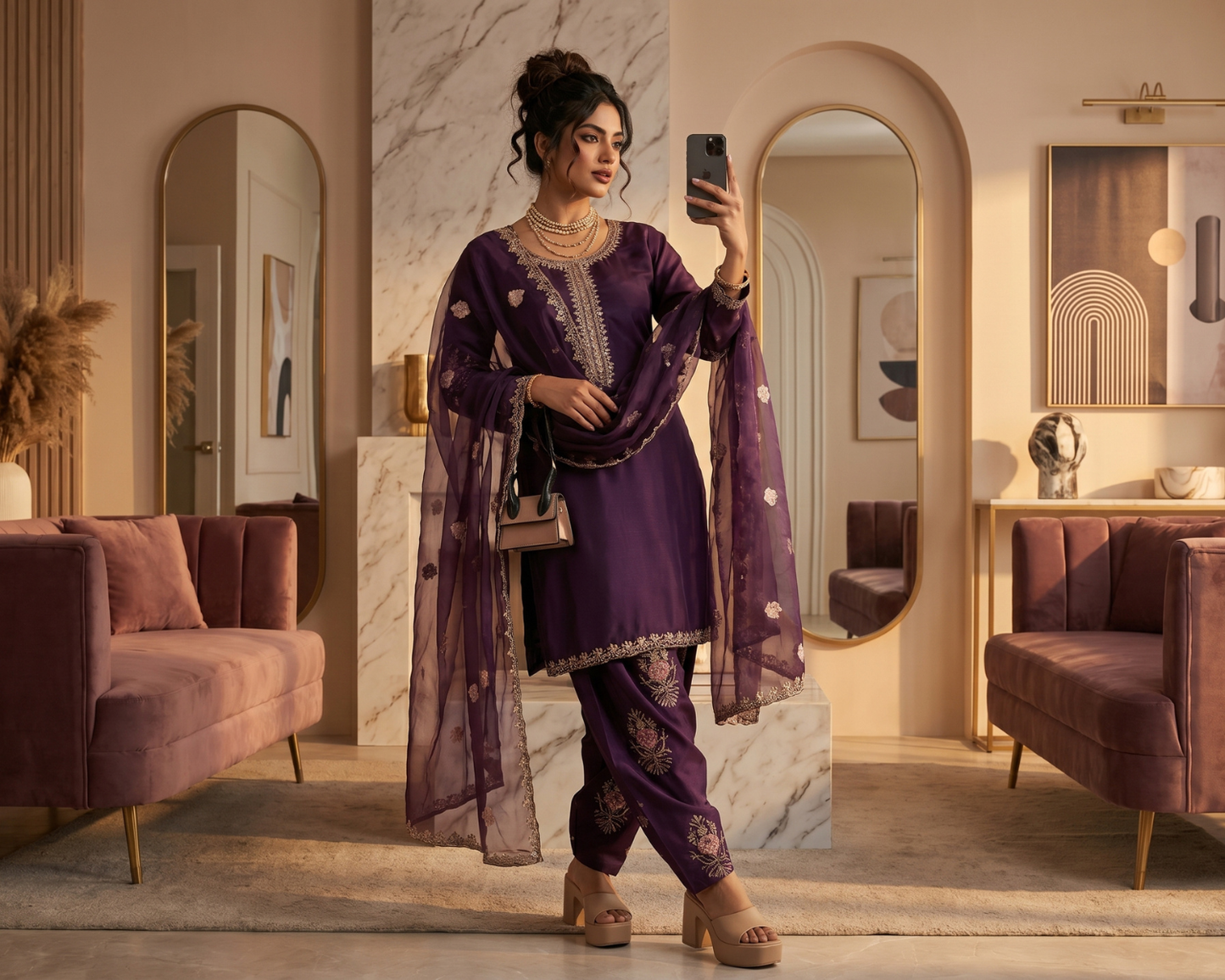 Luxury Raw Silk Center-Placket Embroidered 3-Piece Tulip Suit