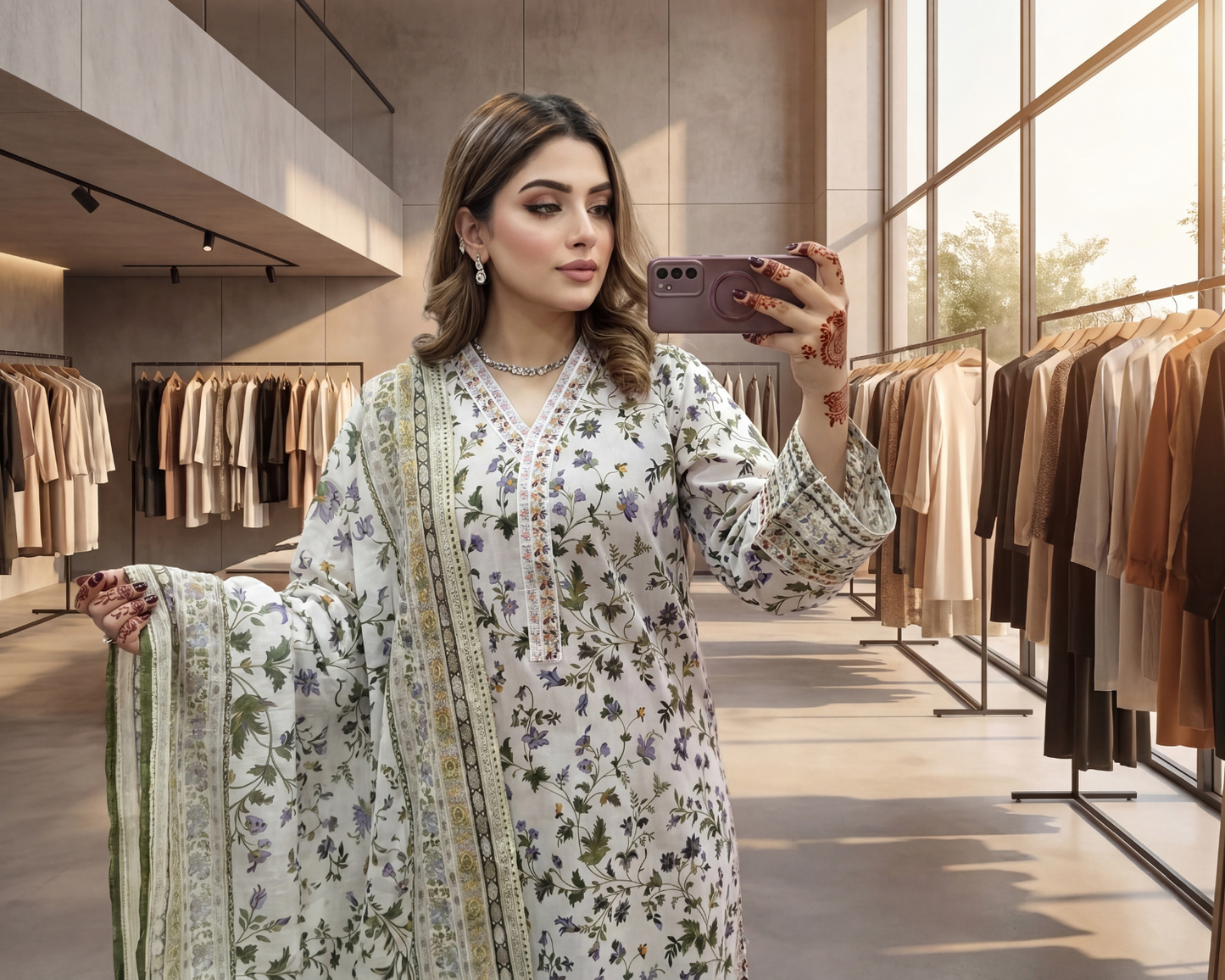 Midnight Bloom Premium Lawn 3-Piece Suit – Embroidered Neckline & Floral Chiffon Dupatta Set