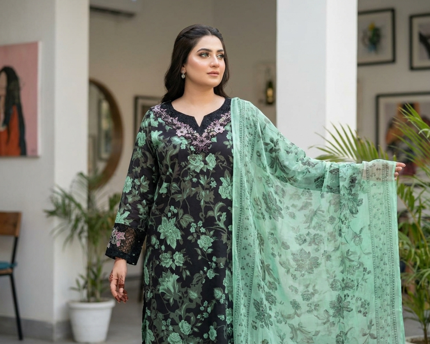 Midnight Bloom Embroidered Cotton 3-Piece Suit – Floral Printed Lawn Dupatta Set