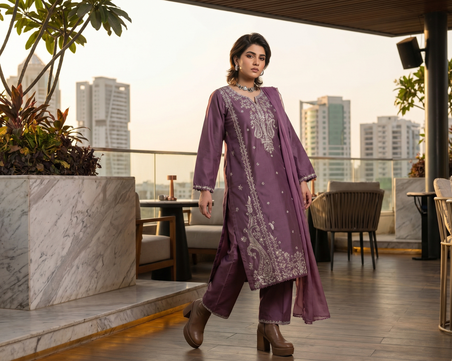 Luxury Purple Embroidered Cotton 3-Piece Suit | Sizes S, M, L