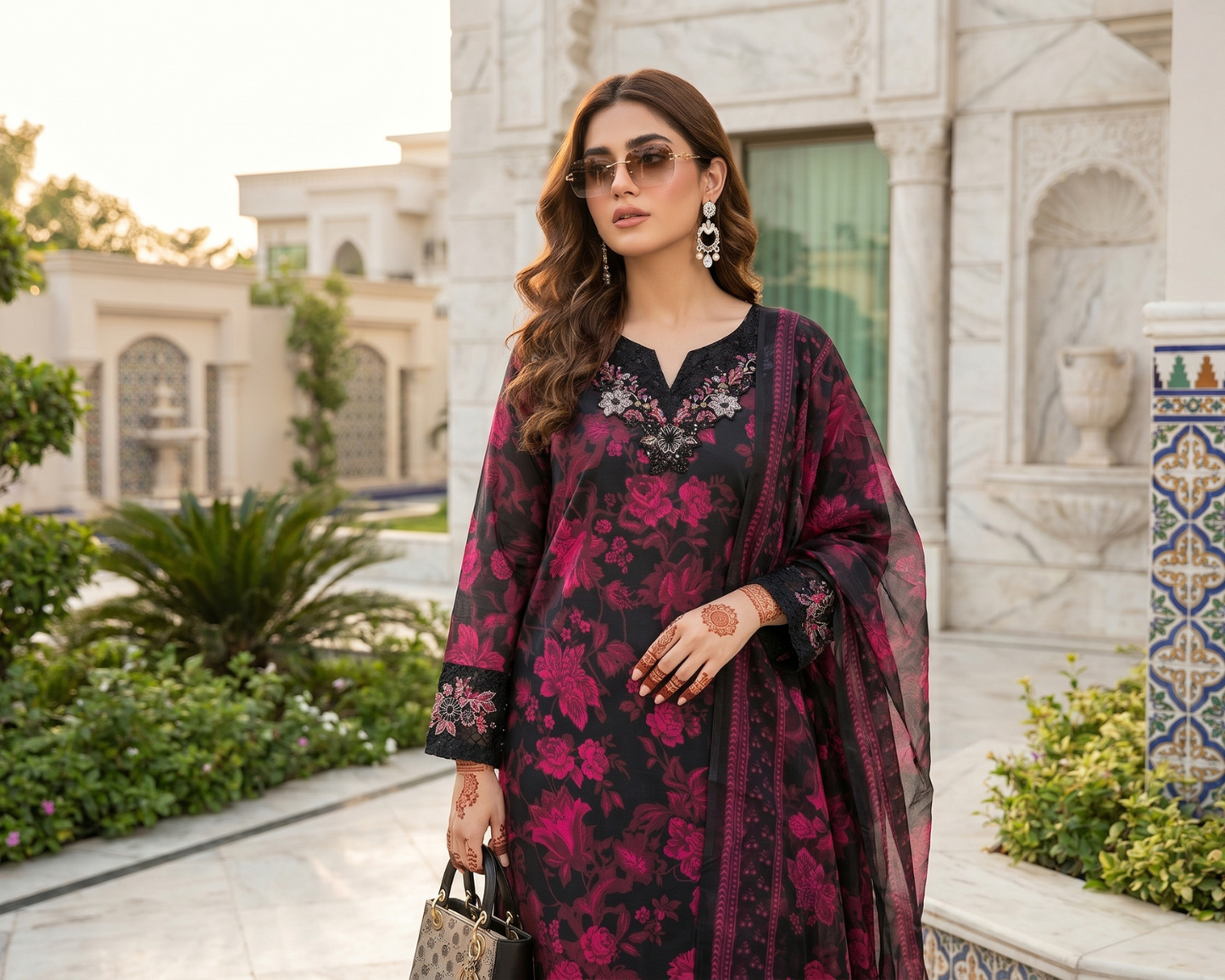Midnight Bloom Embroidered Cotton 3-Piece Suit – Floral Printed Lawn Dupatta Set
