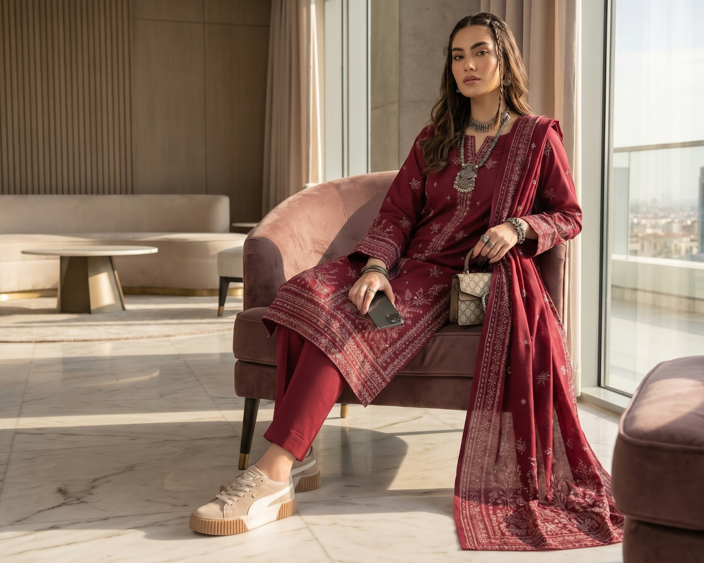 Elegant Center-Panel Embroidered Cotton 3-Piece Suit