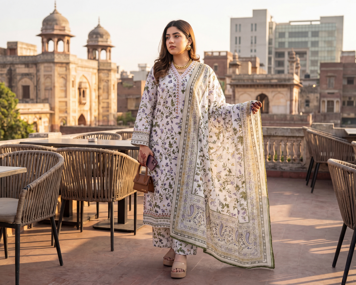 Midnight Bloom Premium Lawn 3-Piece Suit – Embroidered Neckline & Floral Chiffon Dupatta Set