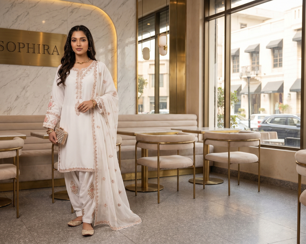 Luxury Raw Silk Center-Placket Embroidered 3-Piece Tulip Suit