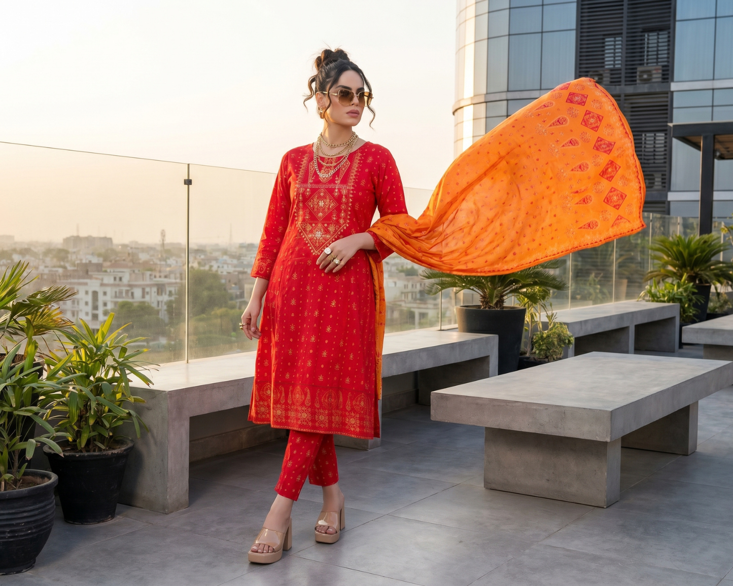 Vibrant Crimson Red Embroidered Cotton 3-Piece Suit
