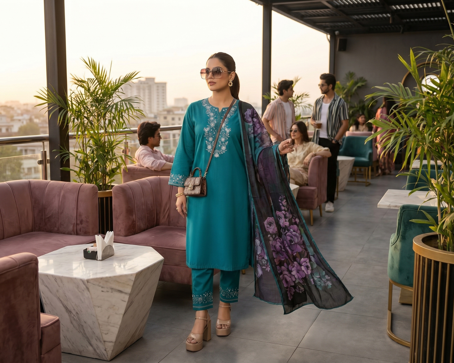Premium Floral Embroidered Cotton 3-Piece Suit with Digital Print Dupatta