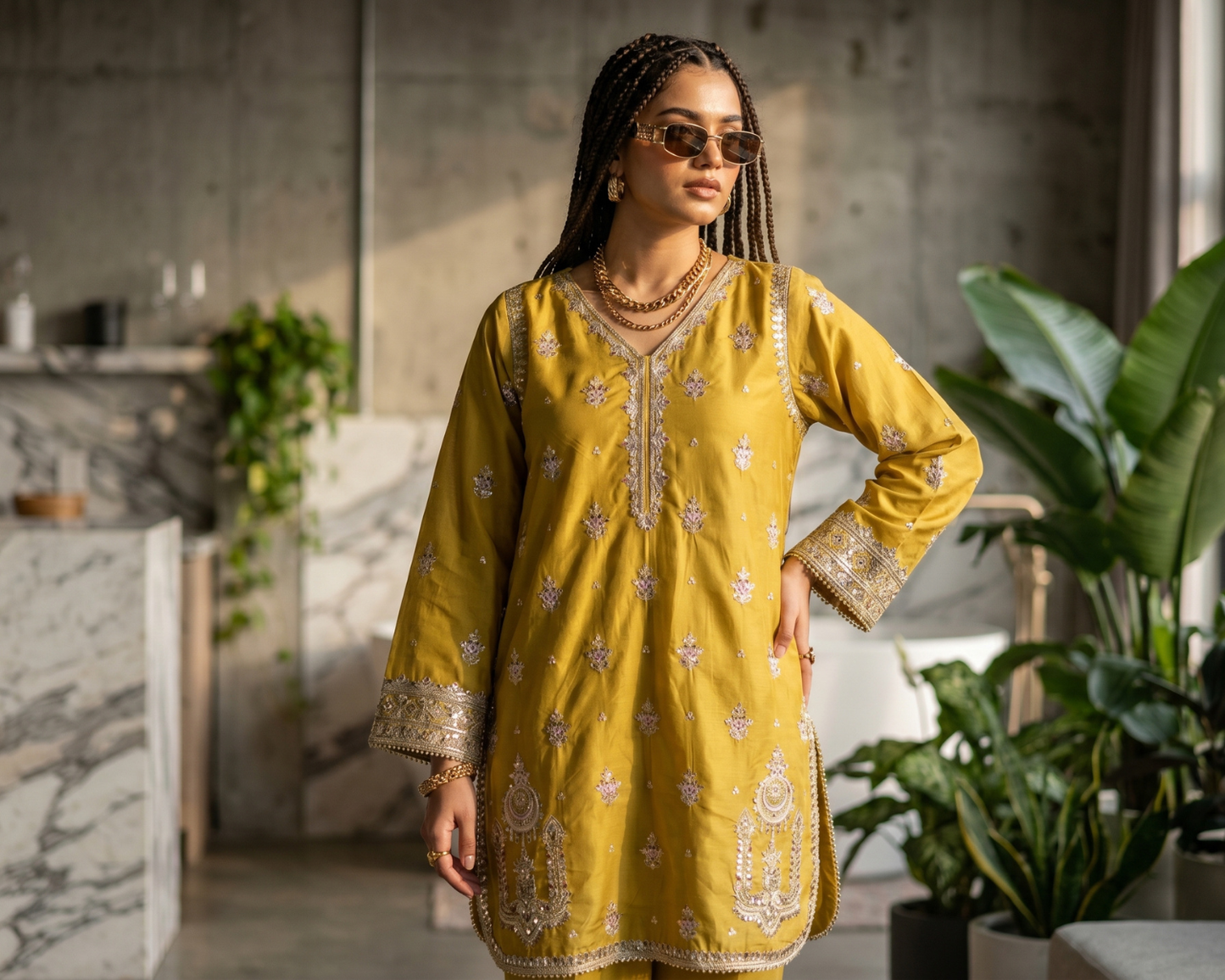 Royal Mustard Embroidered Cotton Kurti with Gold Tilla & Tassels