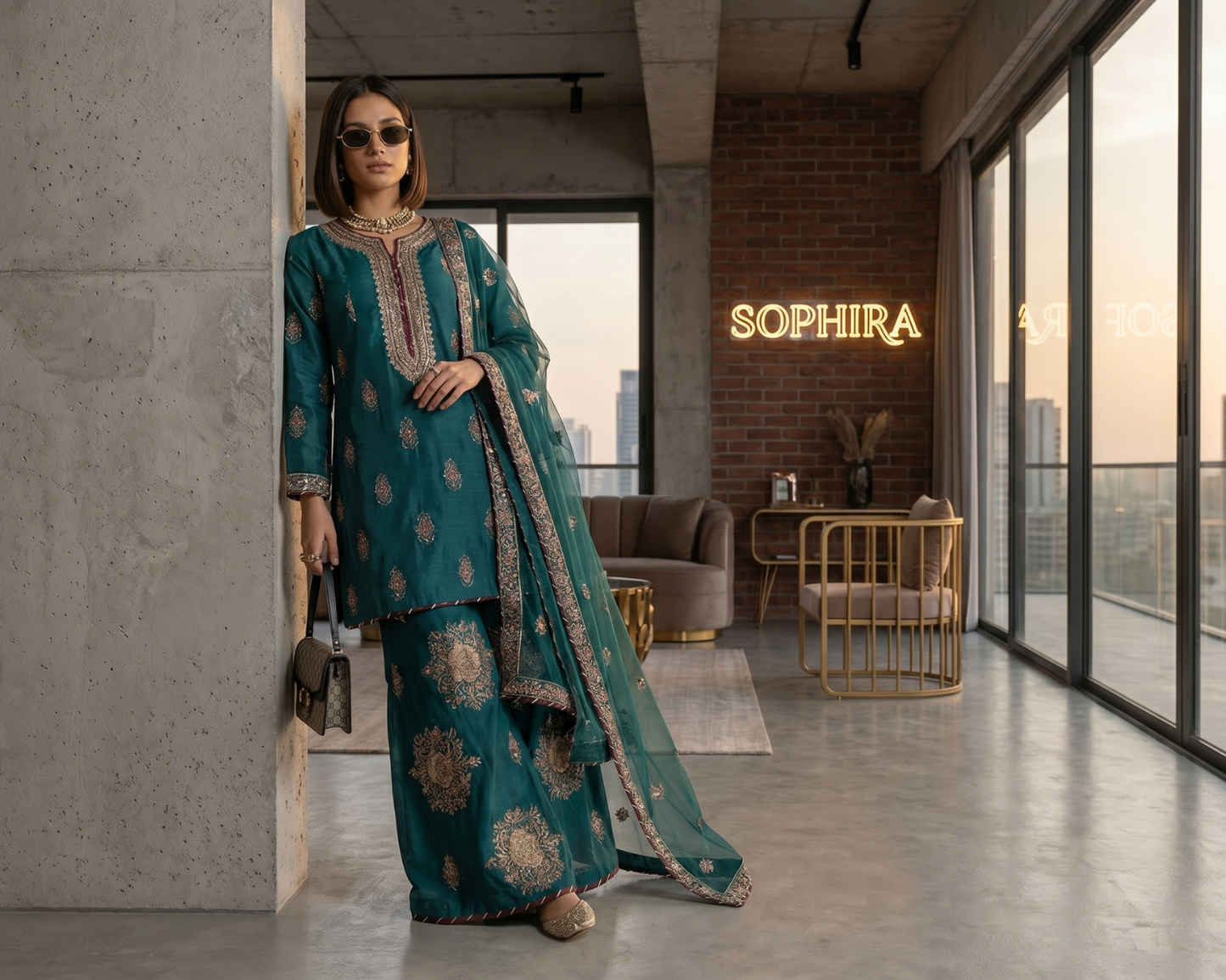 Luxury Raw Silk Heavily Embroidered 3-Piece Sharara Suit