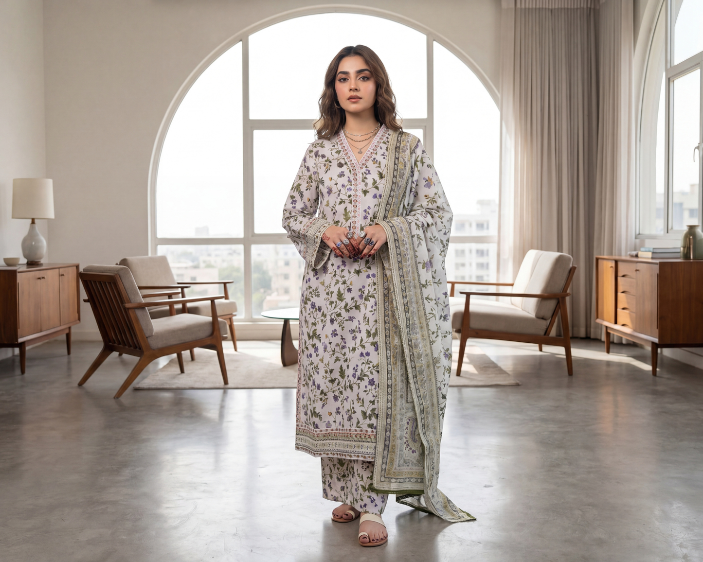 Midnight Bloom Premium Lawn 3-Piece Suit – Embroidered Neckline & Floral Chiffon Dupatta Set