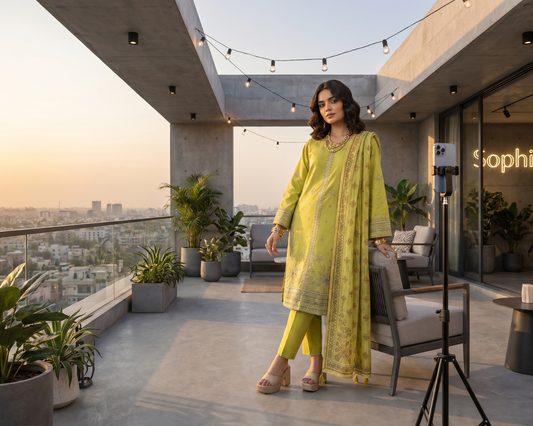 Elegant Center-Panel Embroidered Cotton 3-Piece Suit