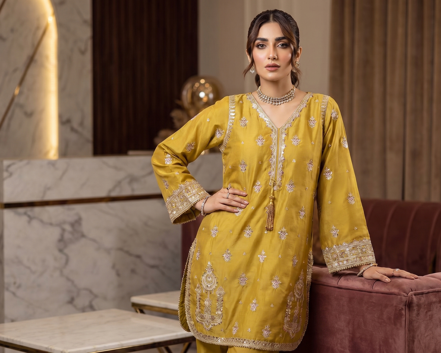 Royal Mustard Embroidered Cotton Kurti with Gold Tilla & Tassels