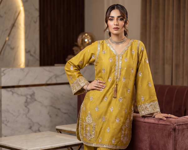 Royal Mustard Embroidered Cotton Kurti with Gold Tilla & Tassels