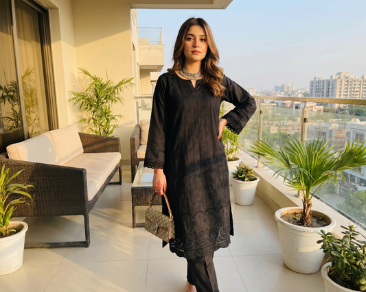 Midnight Chikankari Cotton 2-Piece Suit – Embroidered Kurta & Trouser Set