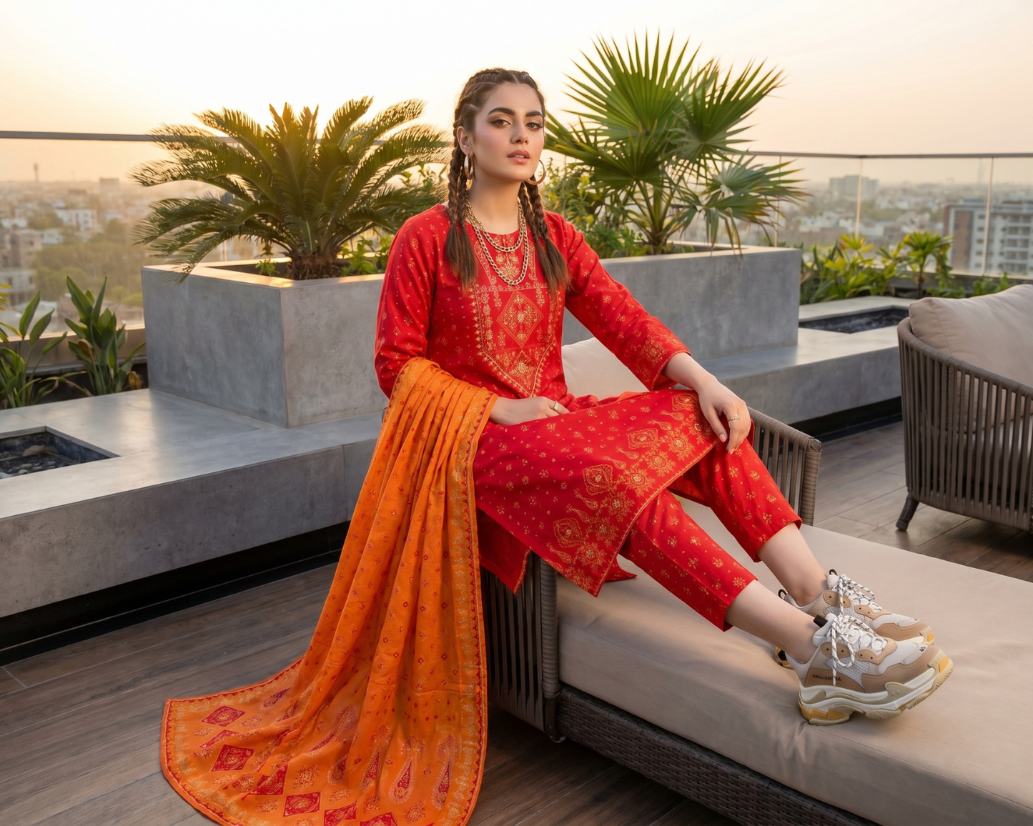 Vibrant Crimson Red Embroidered Cotton 3-Piece Suit