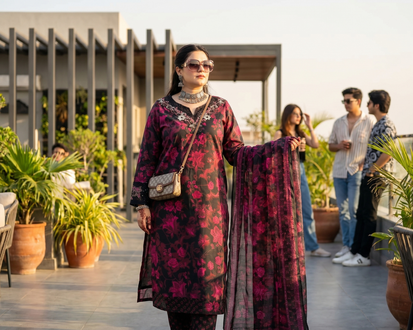 Midnight Bloom Embroidered Cotton 3-Piece Suit – Floral Printed Lawn Dupatta Set