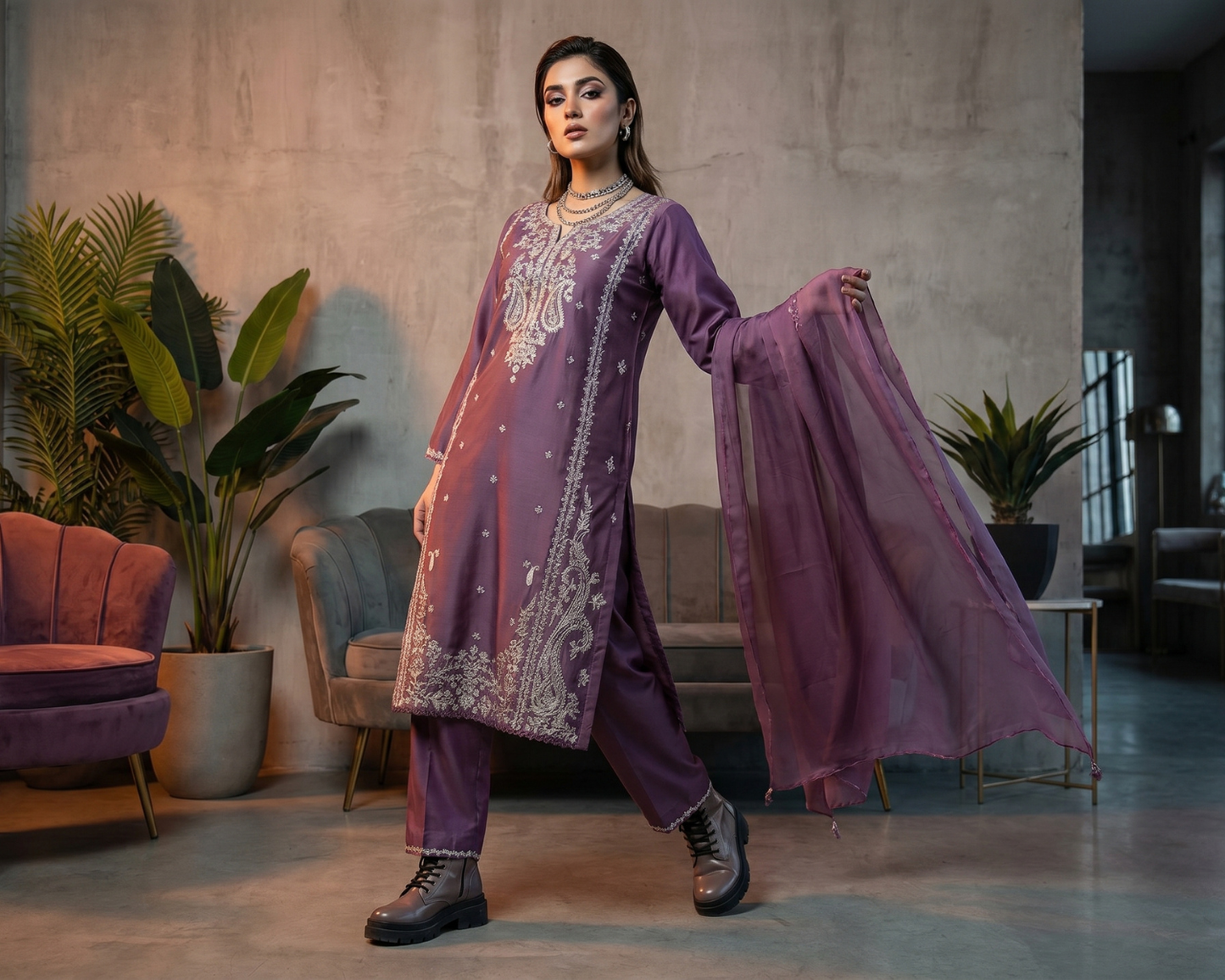 Luxury Purple Embroidered Cotton 3-Piece Suit | Sizes S, M, L