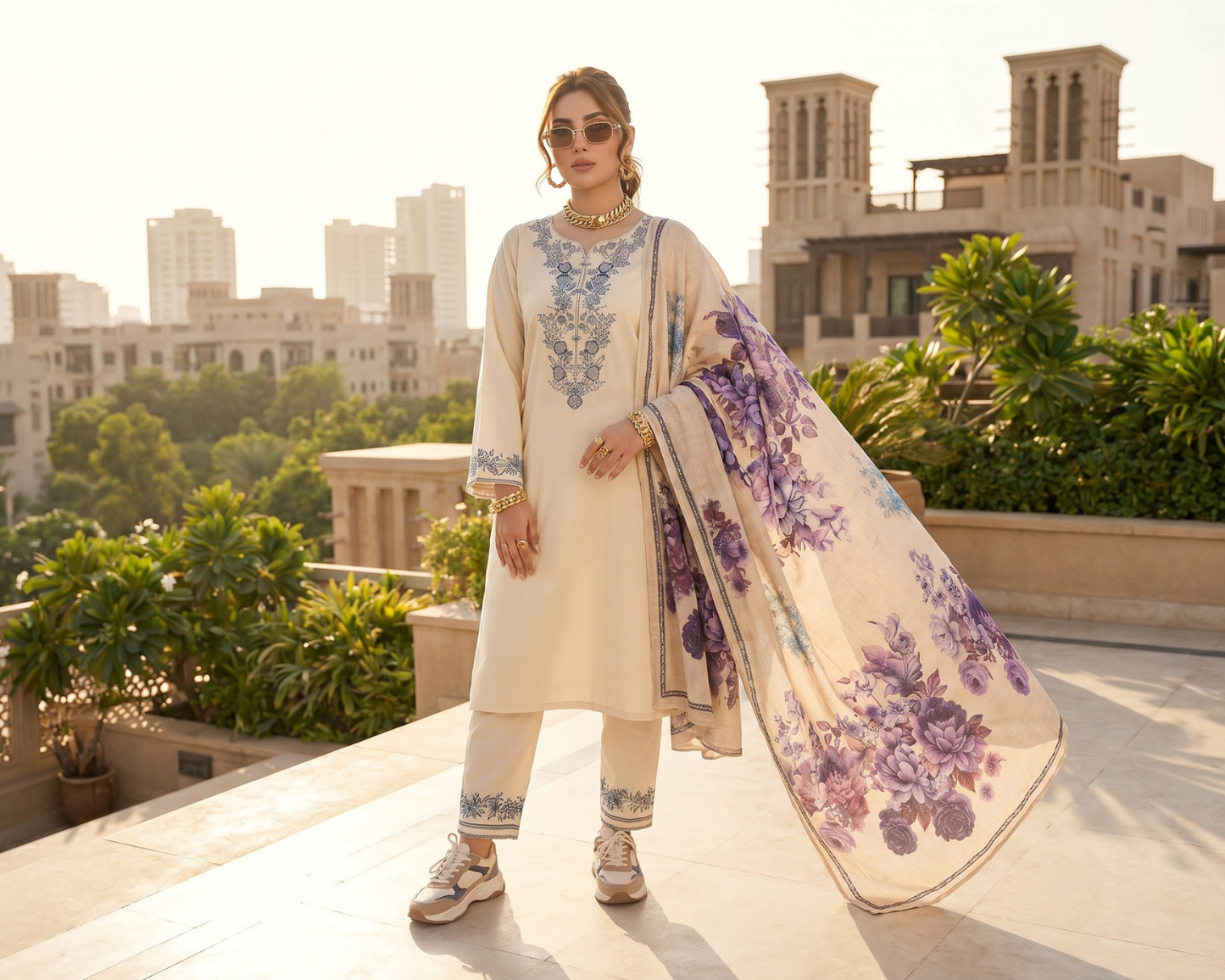 Premium Floral Embroidered Cotton 3-Piece Suit with Digital Print Dupatta