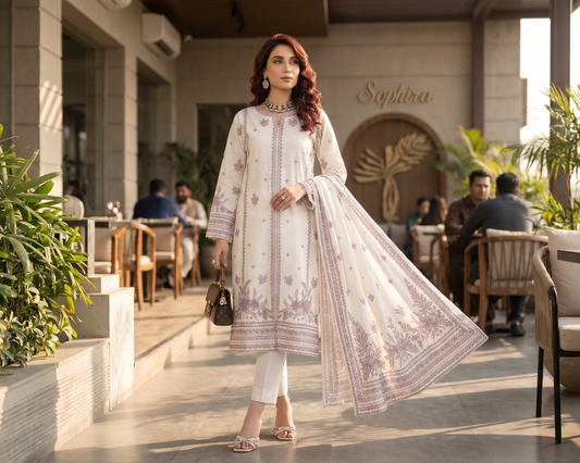 Elegant Center-Panel Embroidered Cotton 3-Piece Suit