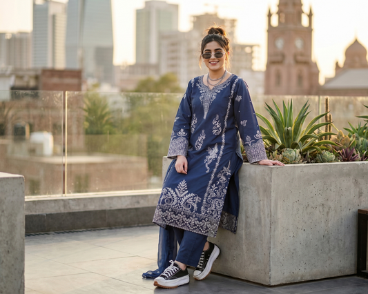 Luxury Slate Blue Embroidered Cotton 3-Piece Suit | Sizes S, M, L