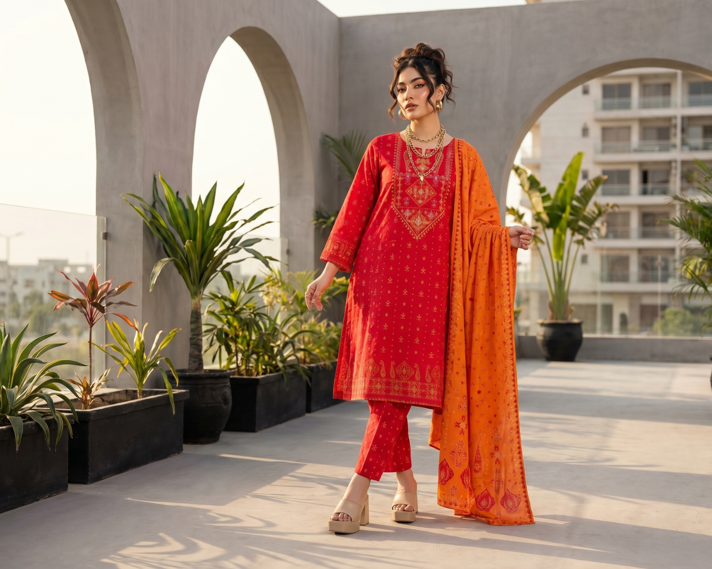 Vibrant Crimson Red Embroidered Cotton 3-Piece Suit