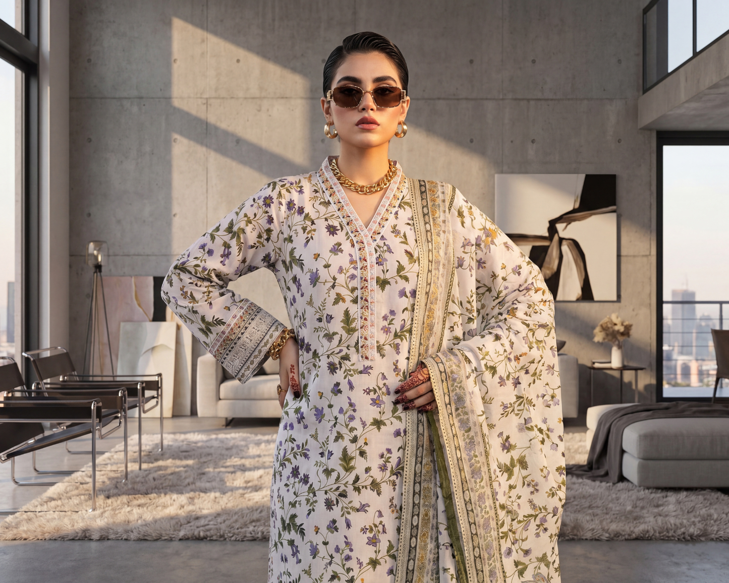 Midnight Bloom Premium Lawn 3-Piece Suit – Embroidered Neckline & Floral Chiffon Dupatta Set