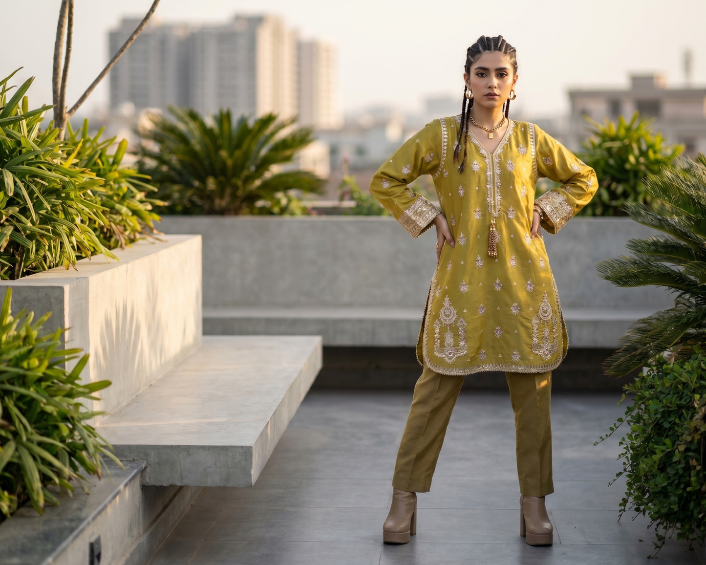 Royal Mustard Embroidered Cotton Kurti with Gold Tilla & Tassels