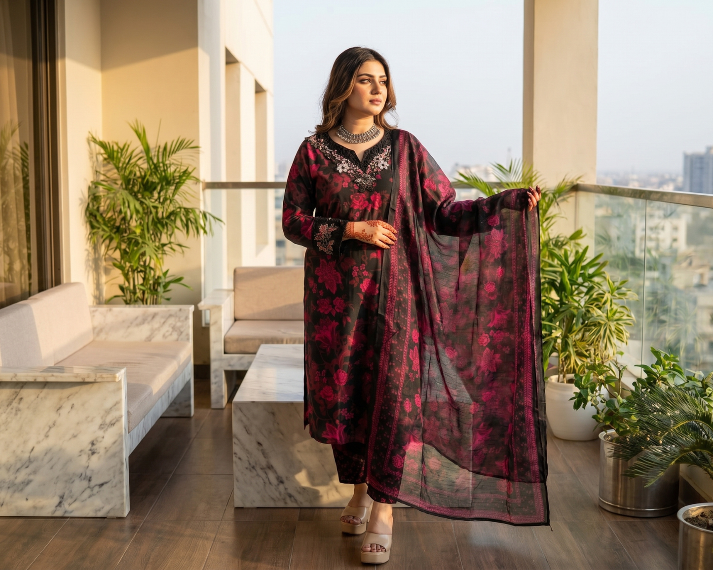 Midnight Bloom Embroidered Cotton 3-Piece Suit – Floral Printed Lawn Dupatta Set