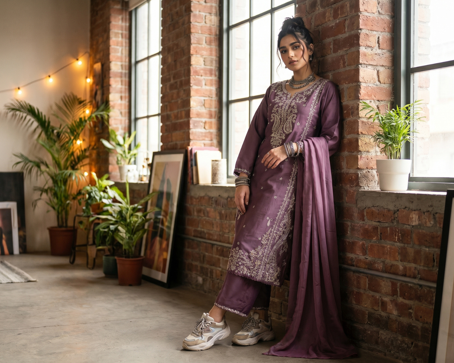 Luxury Purple Embroidered Cotton 3-Piece Suit | Sizes S, M, L