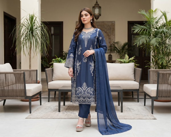 Luxury Slate Blue Embroidered Cotton 3-Piece Suit | Sizes S, M, L