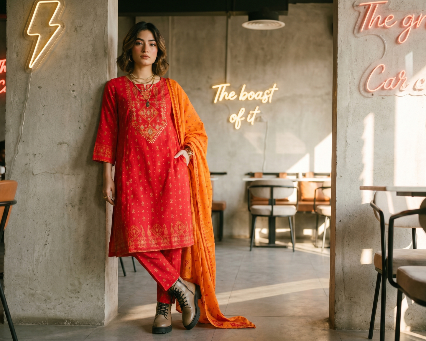 Vibrant Crimson Red Embroidered Cotton 3-Piece Suit