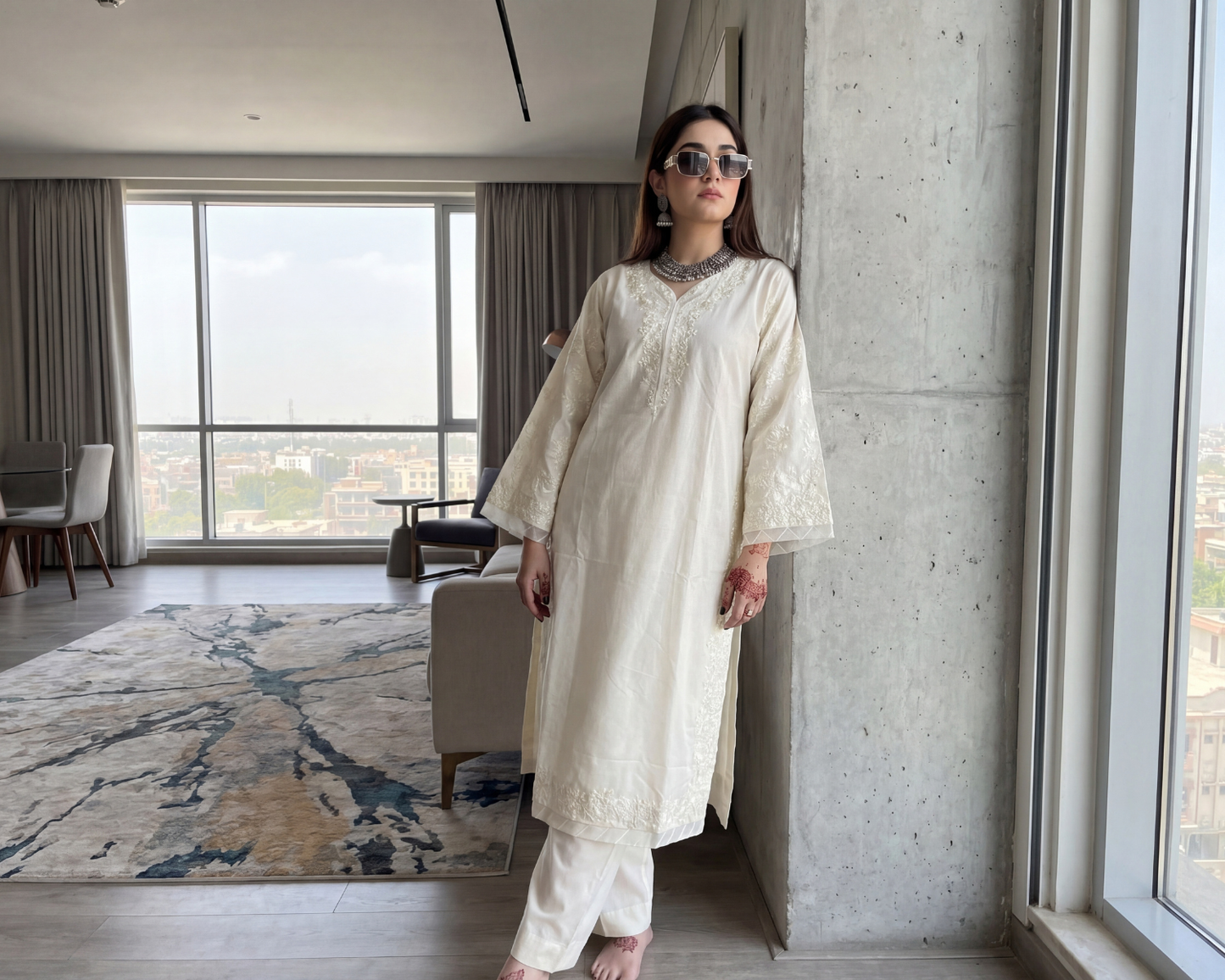 Ivory Grace Chikankari Cotton 2-Piece Suit – Embroidered Kurta & Trouser Set