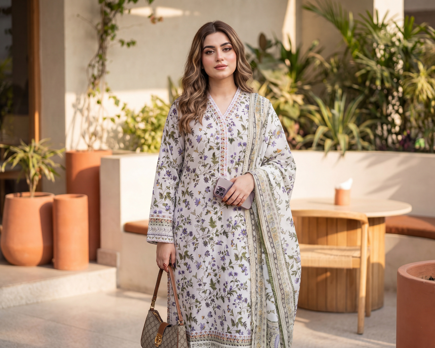 Midnight Bloom Premium Lawn 3-Piece Suit – Embroidered Neckline & Floral Chiffon Dupatta Set