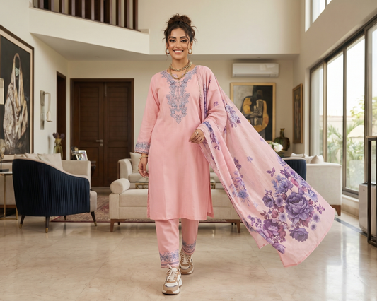 Premium Floral Embroidered Cotton 3-Piece Suit with Digital Print Dupatta