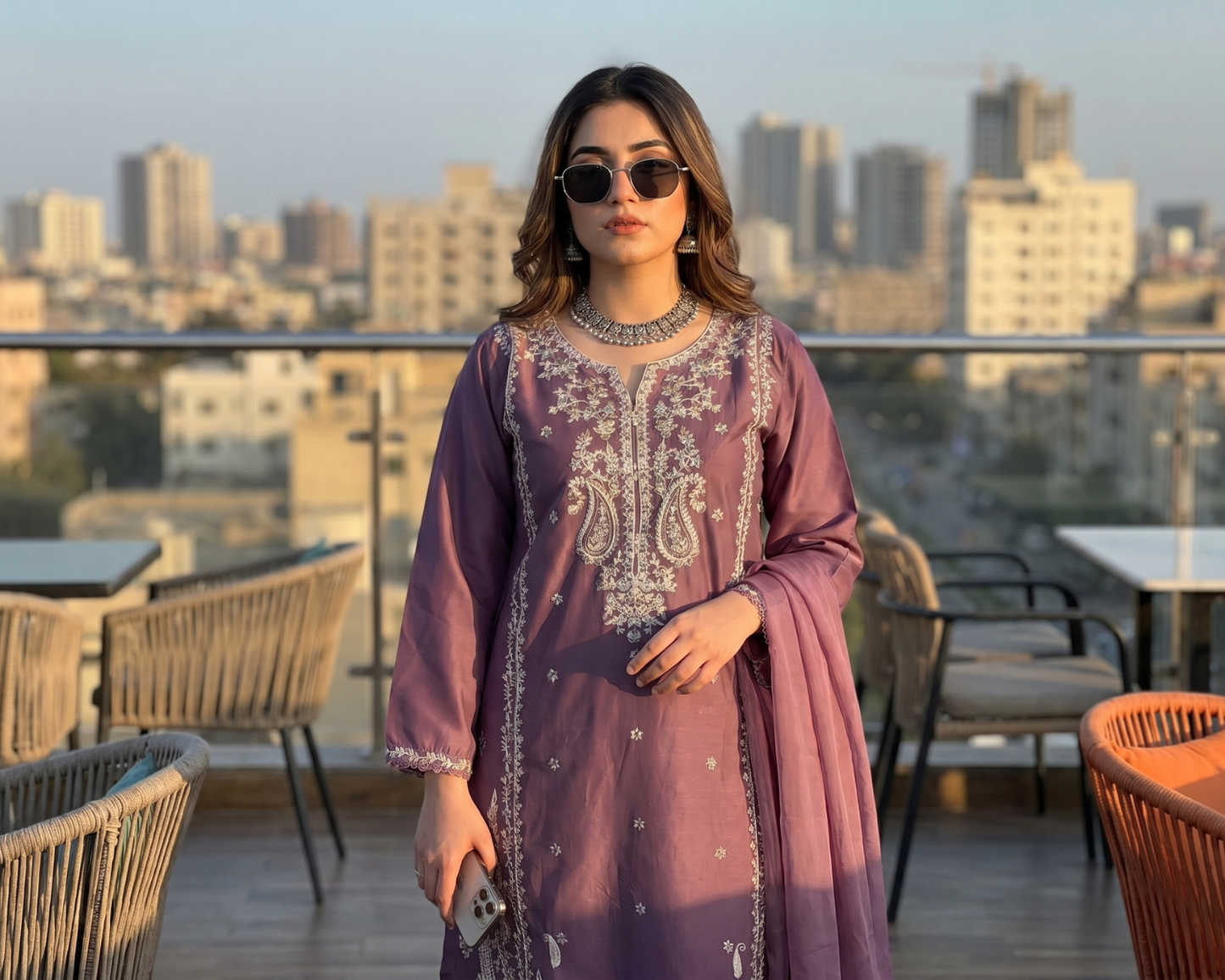 Luxury Purple Embroidered Cotton 3-Piece Suit | Sizes S, M, L