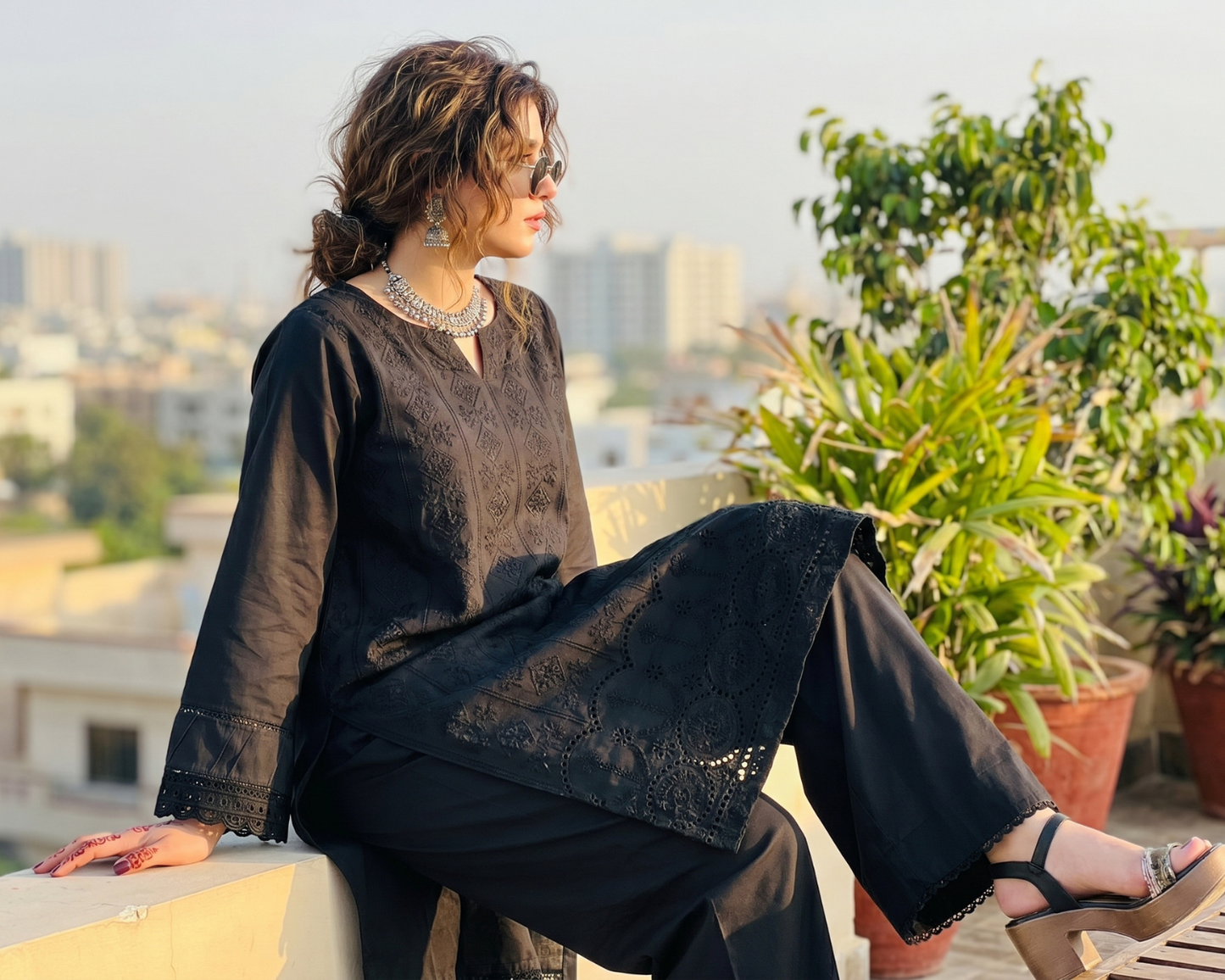 Midnight Chikankari Cotton 2-Piece Suit – Embroidered Kurta & Trouser Set