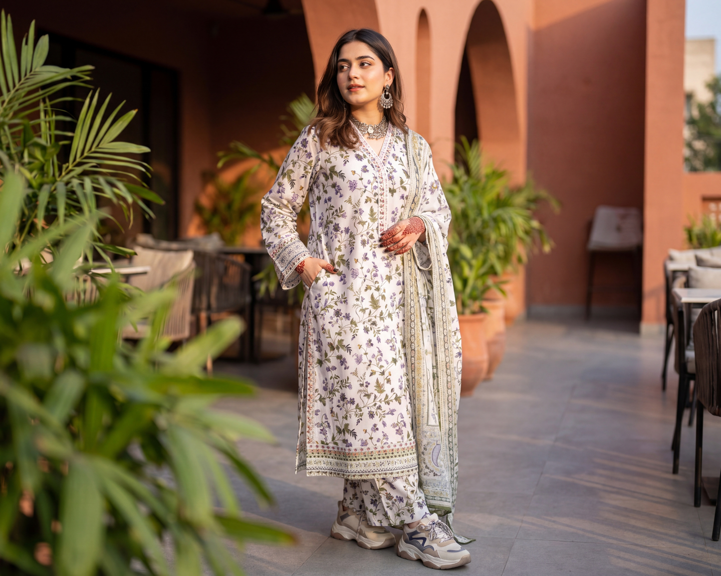 Midnight Bloom Premium Lawn 3-Piece Suit – Embroidered Neckline & Floral Chiffon Dupatta Set