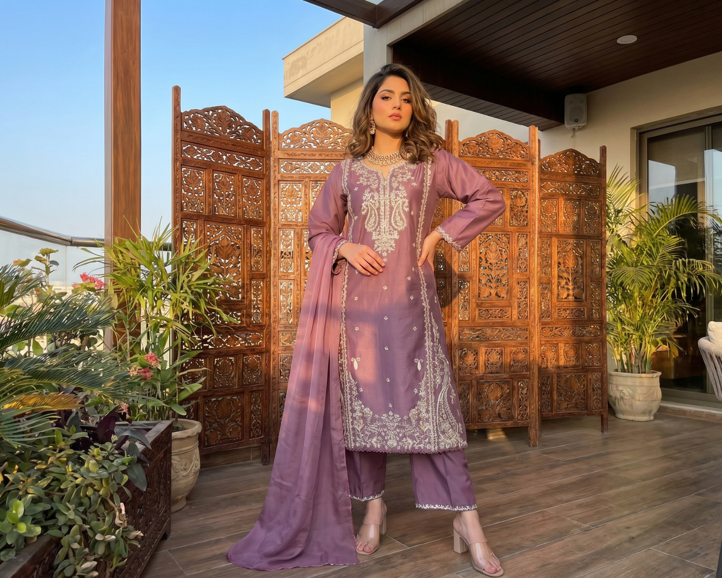 Luxury Purple Embroidered Cotton 3-Piece Suit | Sizes S, M, L