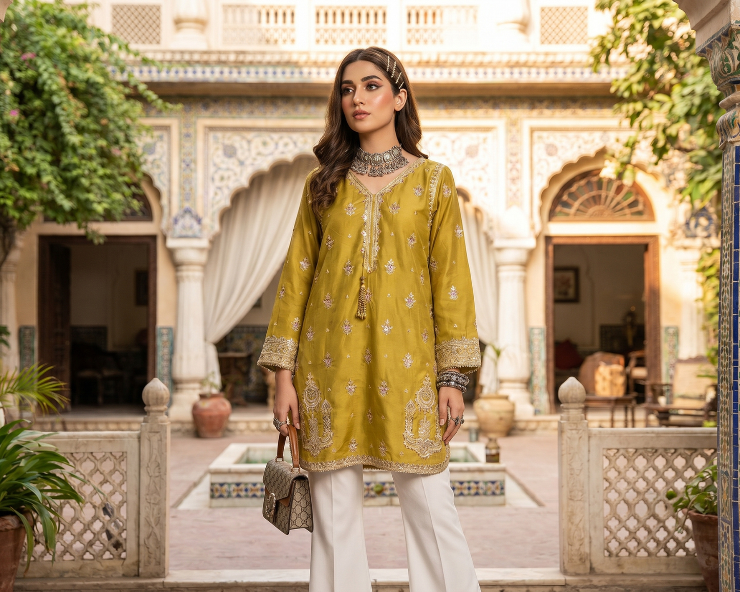 Royal Mustard Embroidered Cotton Kurti with Gold Tilla & Tassels