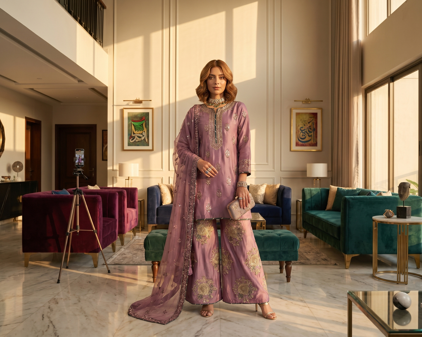 Luxury Raw Silk Heavily Embroidered 3-Piece Sharara Suit