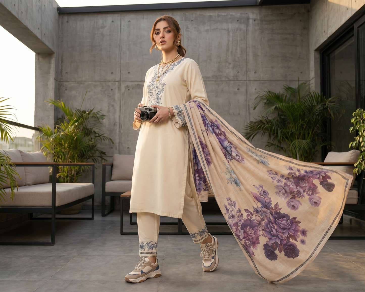 Premium Floral Embroidered Cotton 3-Piece Suit with Digital Print Dupatta