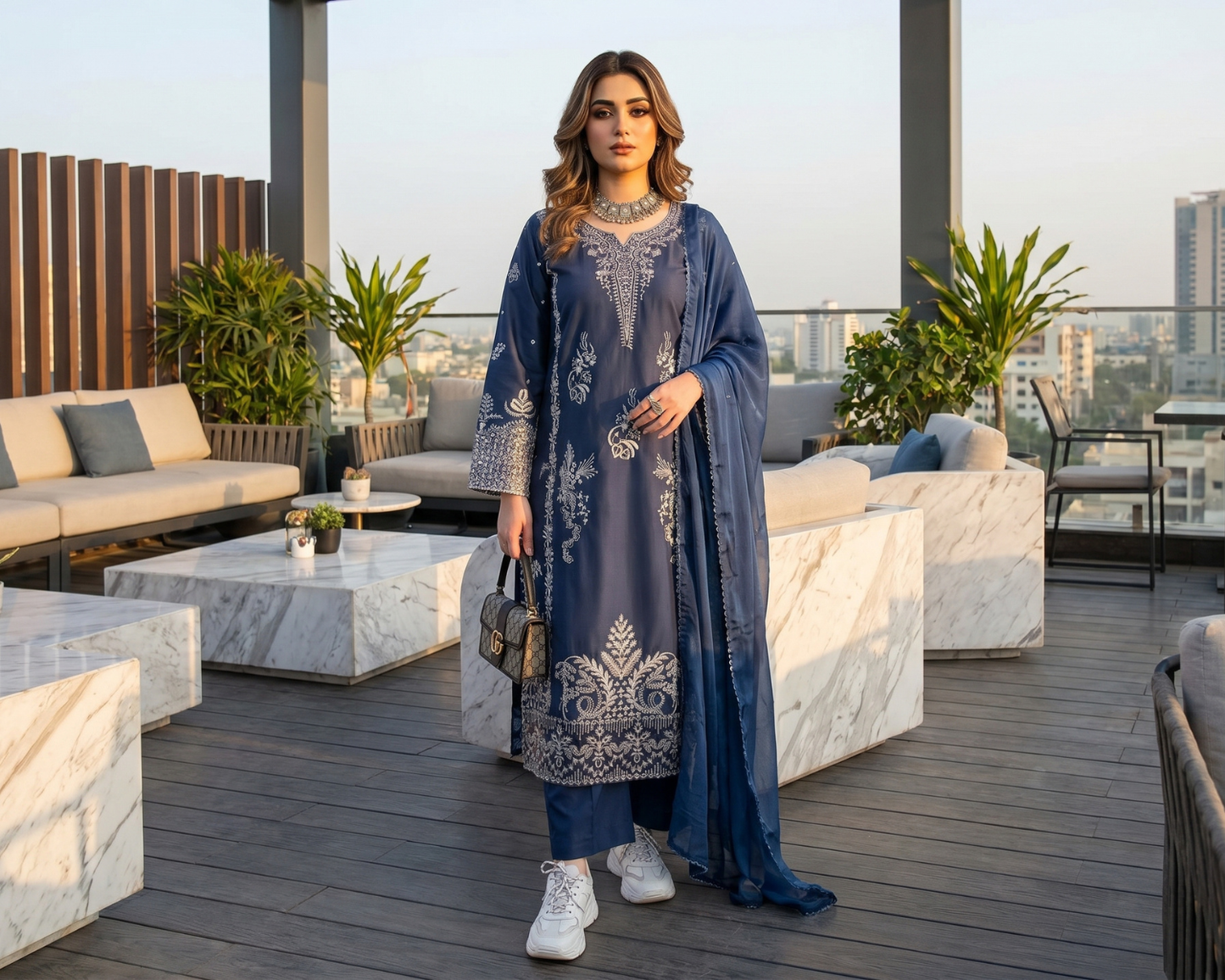 Luxury Slate Blue Embroidered Cotton 3-Piece Suit | Sizes S, M, L