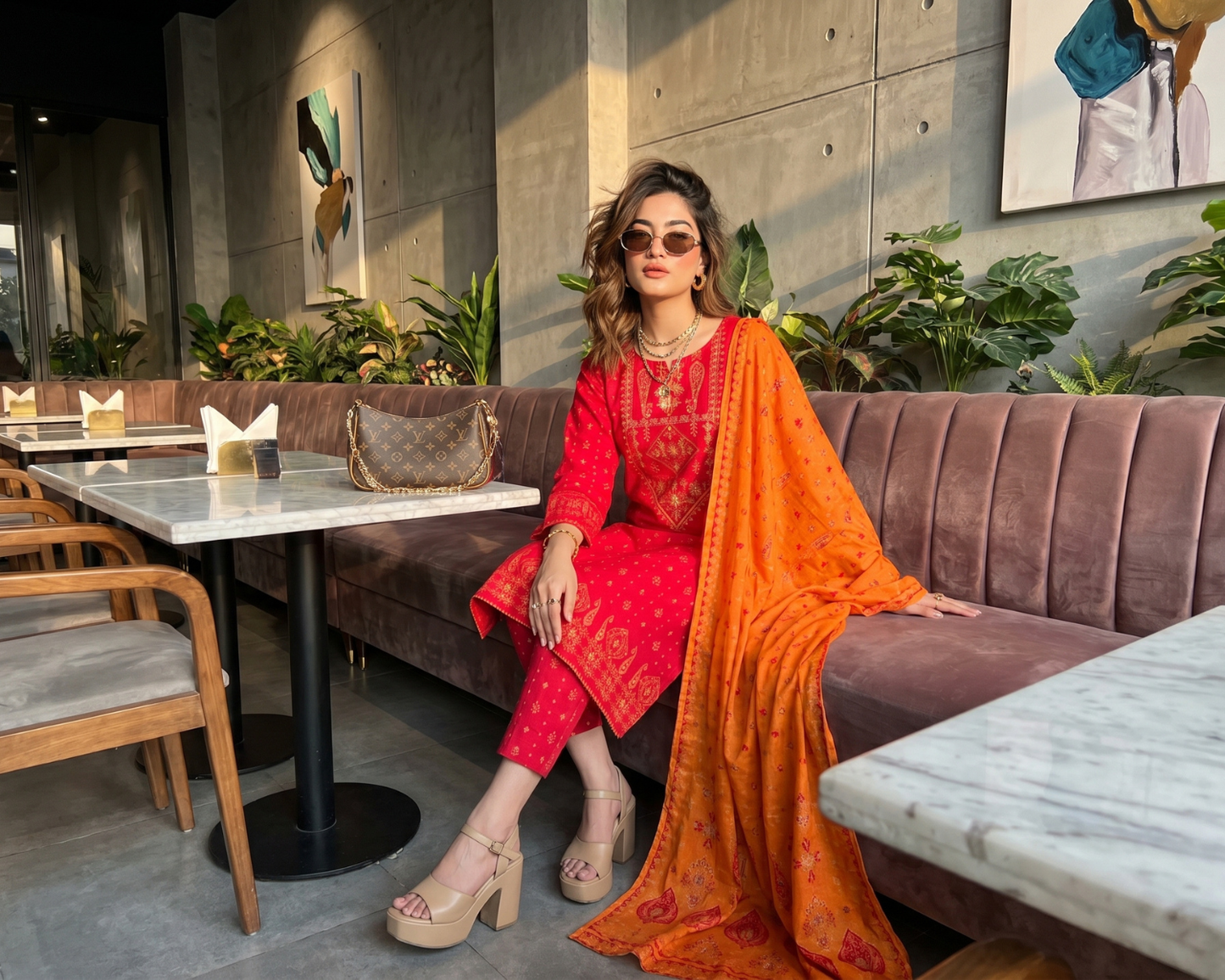 Vibrant Crimson Red Embroidered Cotton 3-Piece Suit