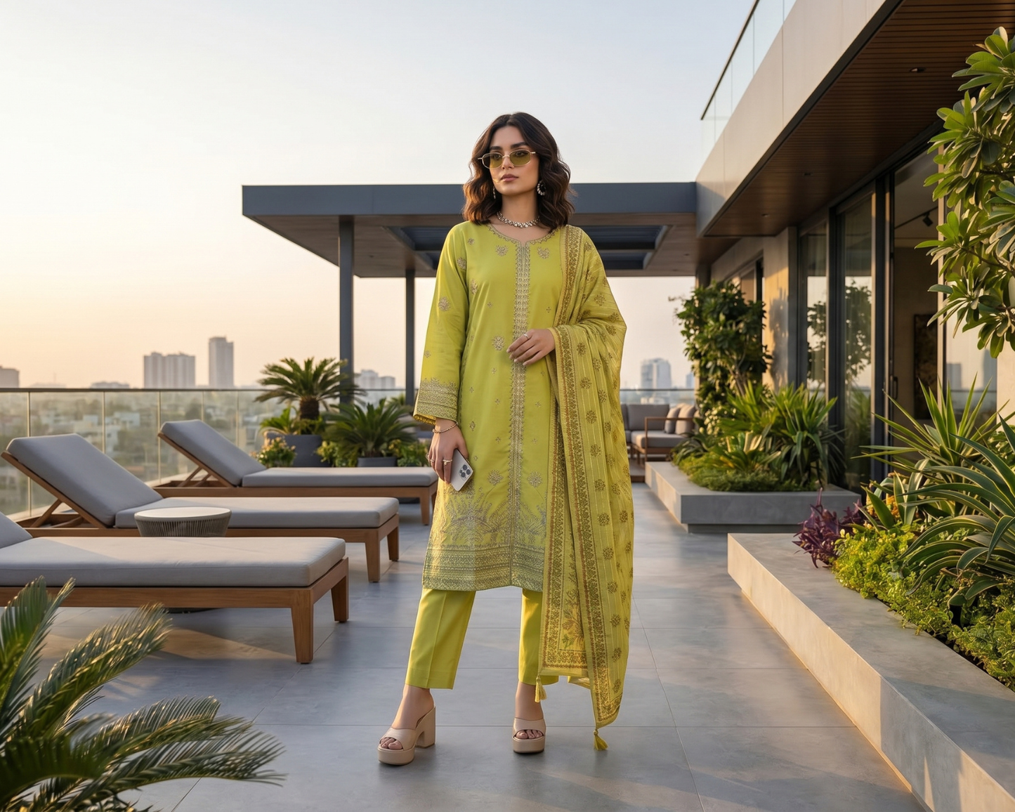 Elegant Center-Panel Embroidered Cotton 3-Piece Suit