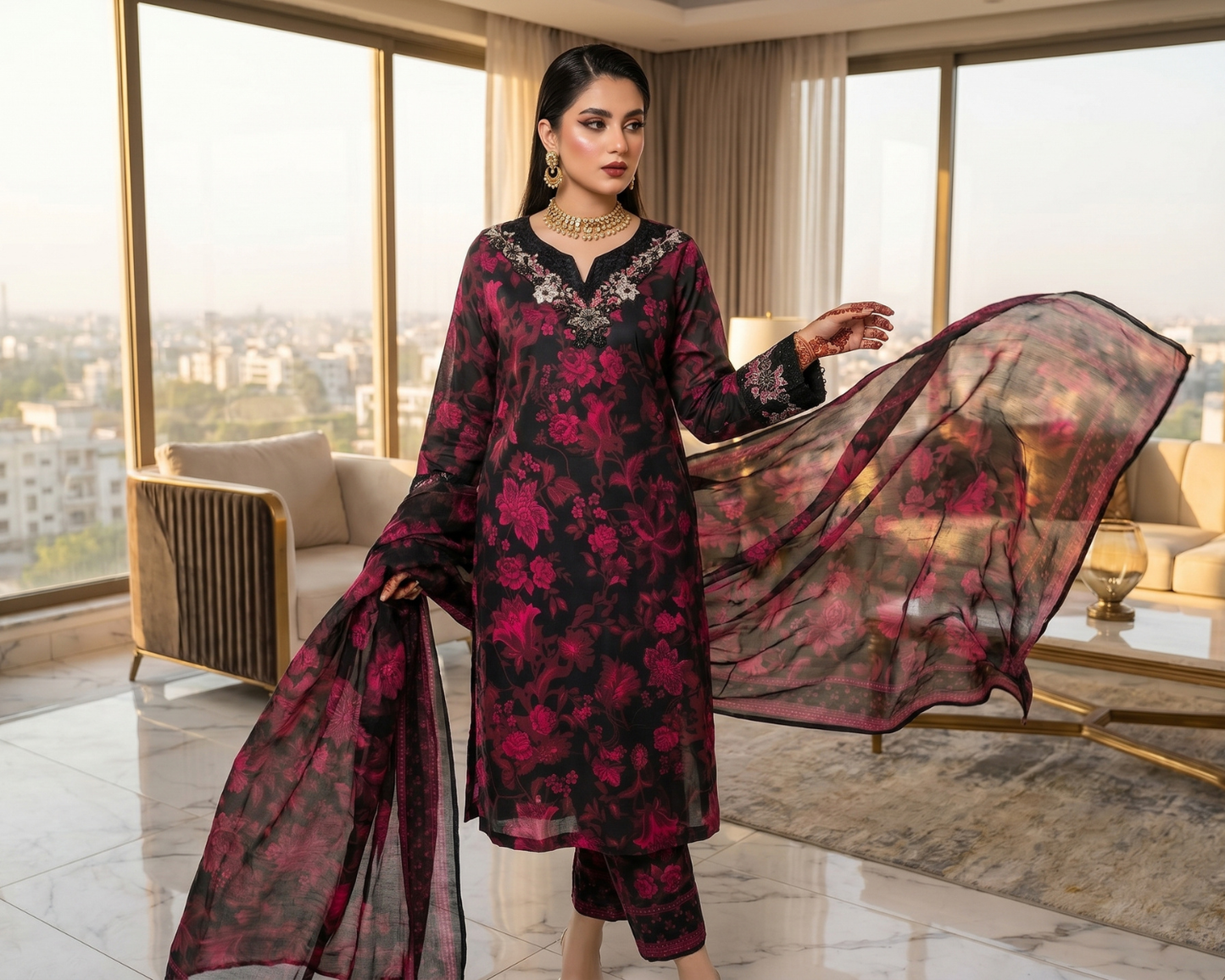 Midnight Bloom Embroidered Cotton 3-Piece Suit – Floral Printed Lawn Dupatta Set