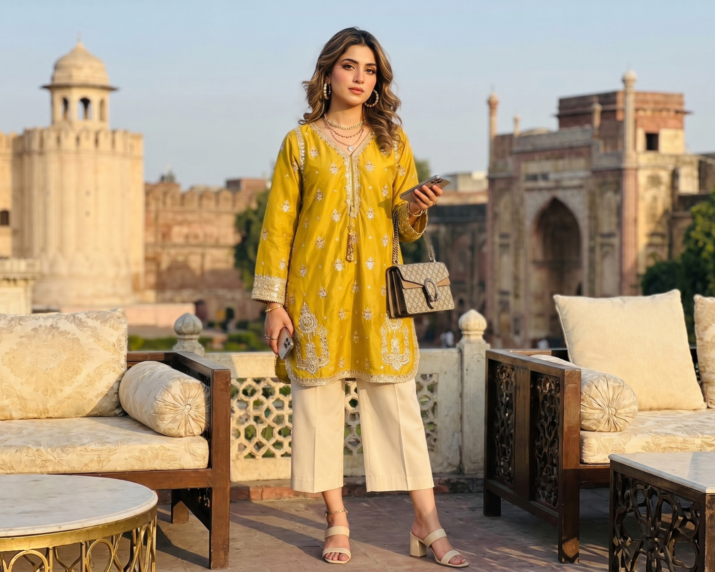 Royal Mustard Embroidered Cotton Kurti with Gold Tilla & Tassels