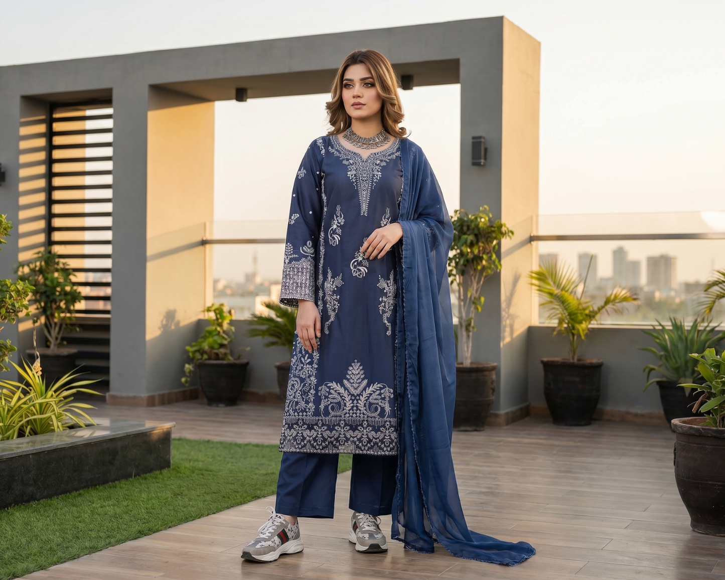 Luxury Slate Blue Embroidered Cotton 3-Piece Suit | Sizes S, M, L