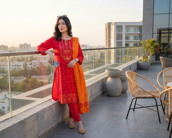 Vibrant Crimson Red Embroidered Cotton 3-Piece Suit